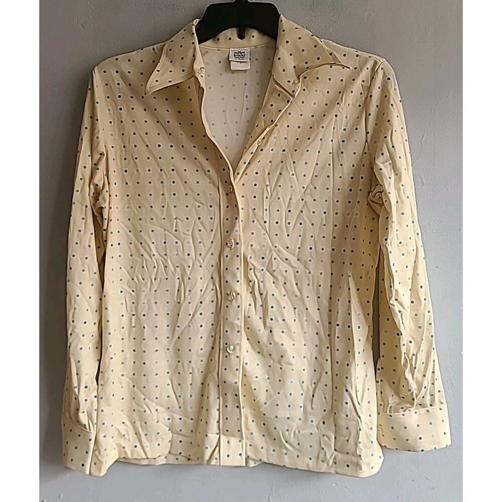Vintage 1970s women's Lg XL long sleeve button up shirt Nikki yellow w/blue dots